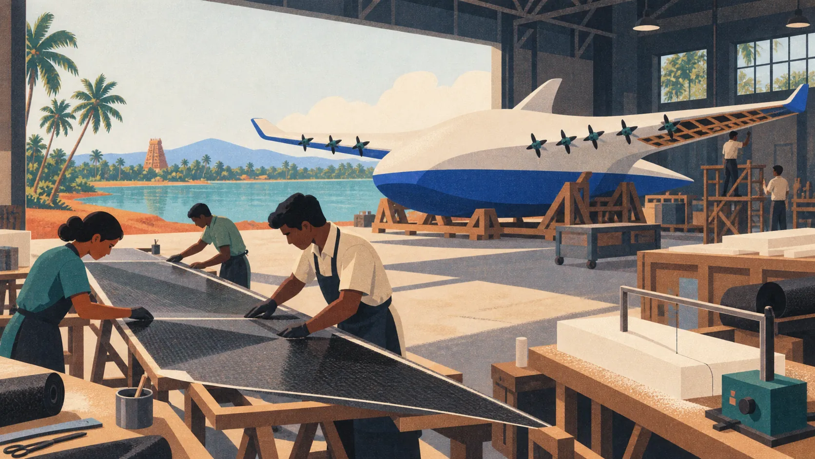 Recruitment-poster illustration of engineers laying up a carbon-fibre wing in a lakeside hangar, the craft behind them