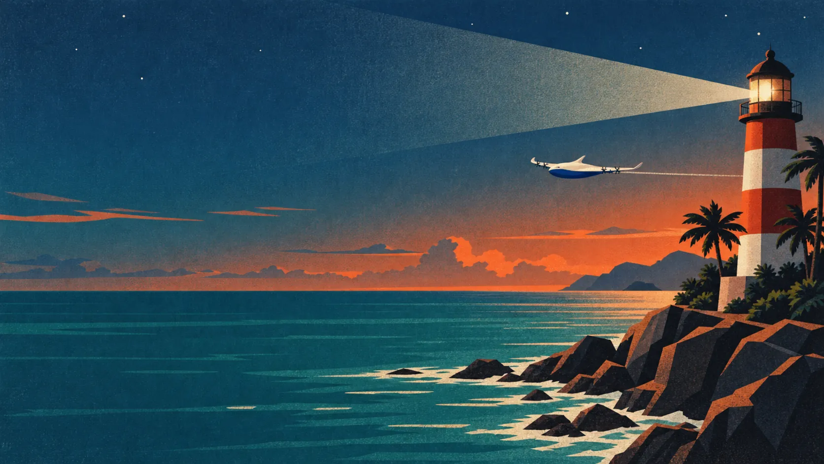 Poster illustration of a lighthouse at dusk, its beam over the sea, the craft skimming past