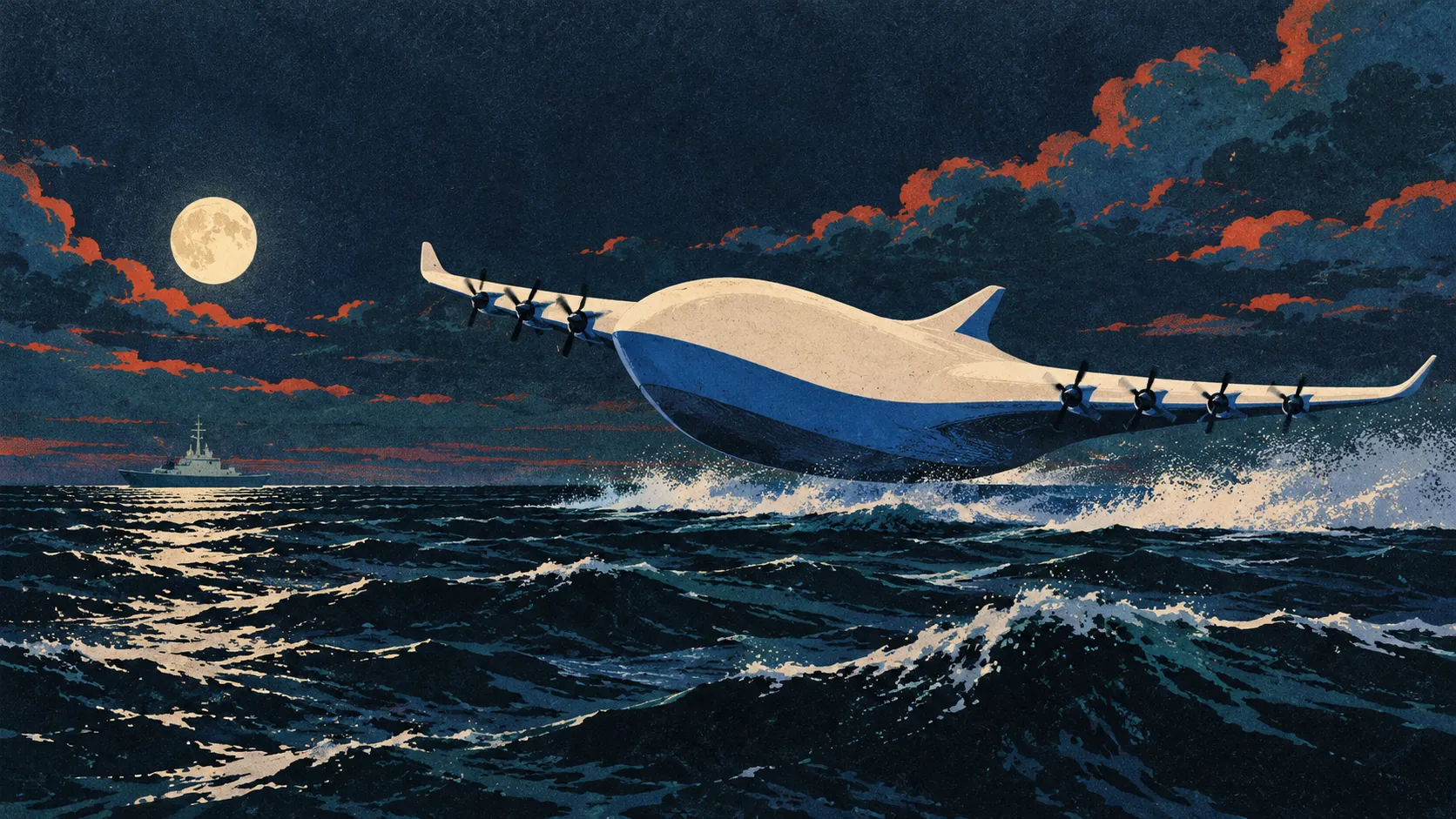 Night poster illustration of the craft skimming dark waves under a full moon, a patrol vessel on the horizon