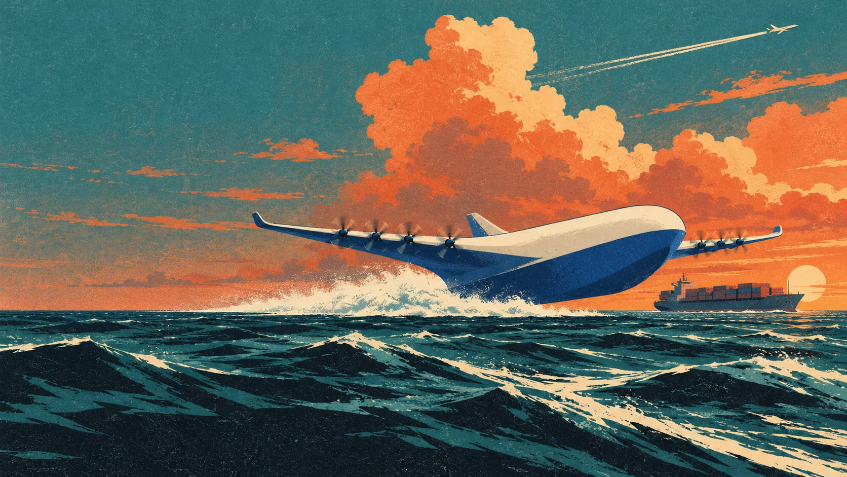 Poster illustration: a jet high in the sky, a container ship on the horizon, and the Waterfly craft skimming past between them