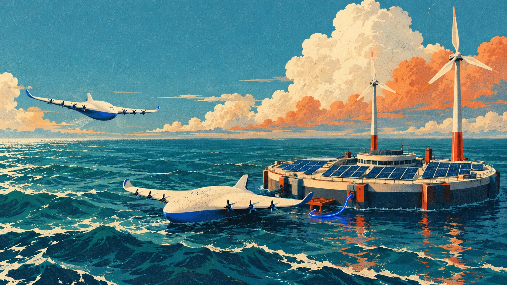 Poster illustration of a floating ocean charging hub with solar panels and wind turbines, one craft charging at its berth
