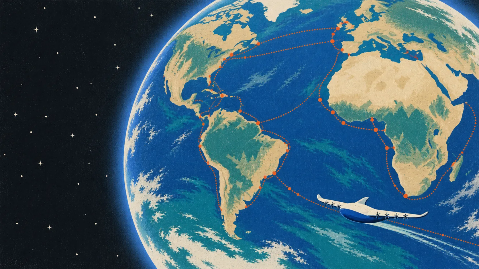 Poster illustration of the Earth from space, sea routes arcing across the oceans, the craft skimming the sea