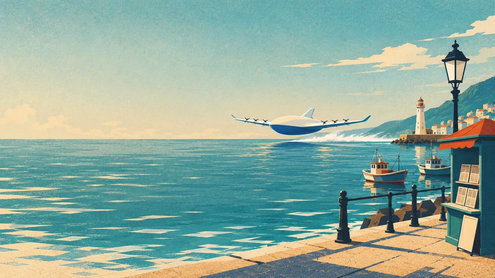 Poster illustration of a harbour promenade with a newspaper kiosk, the craft skimming across the bay