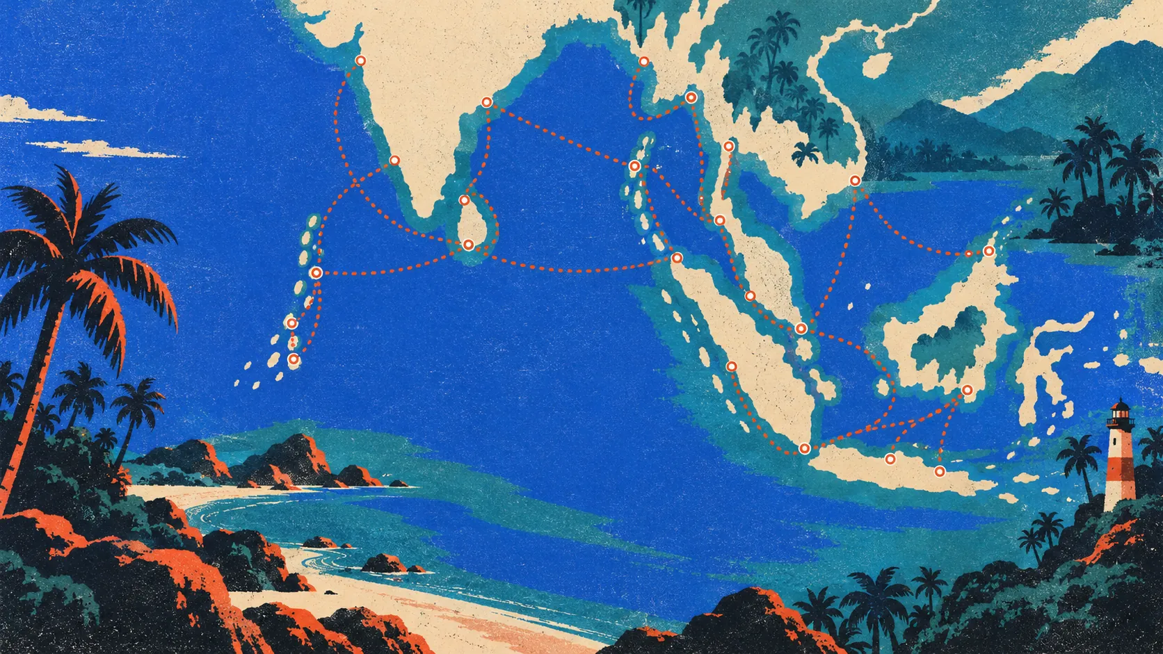 Mid-century route-map poster of the Indian Ocean and Southeast Asia with dotted sea routes between ports
